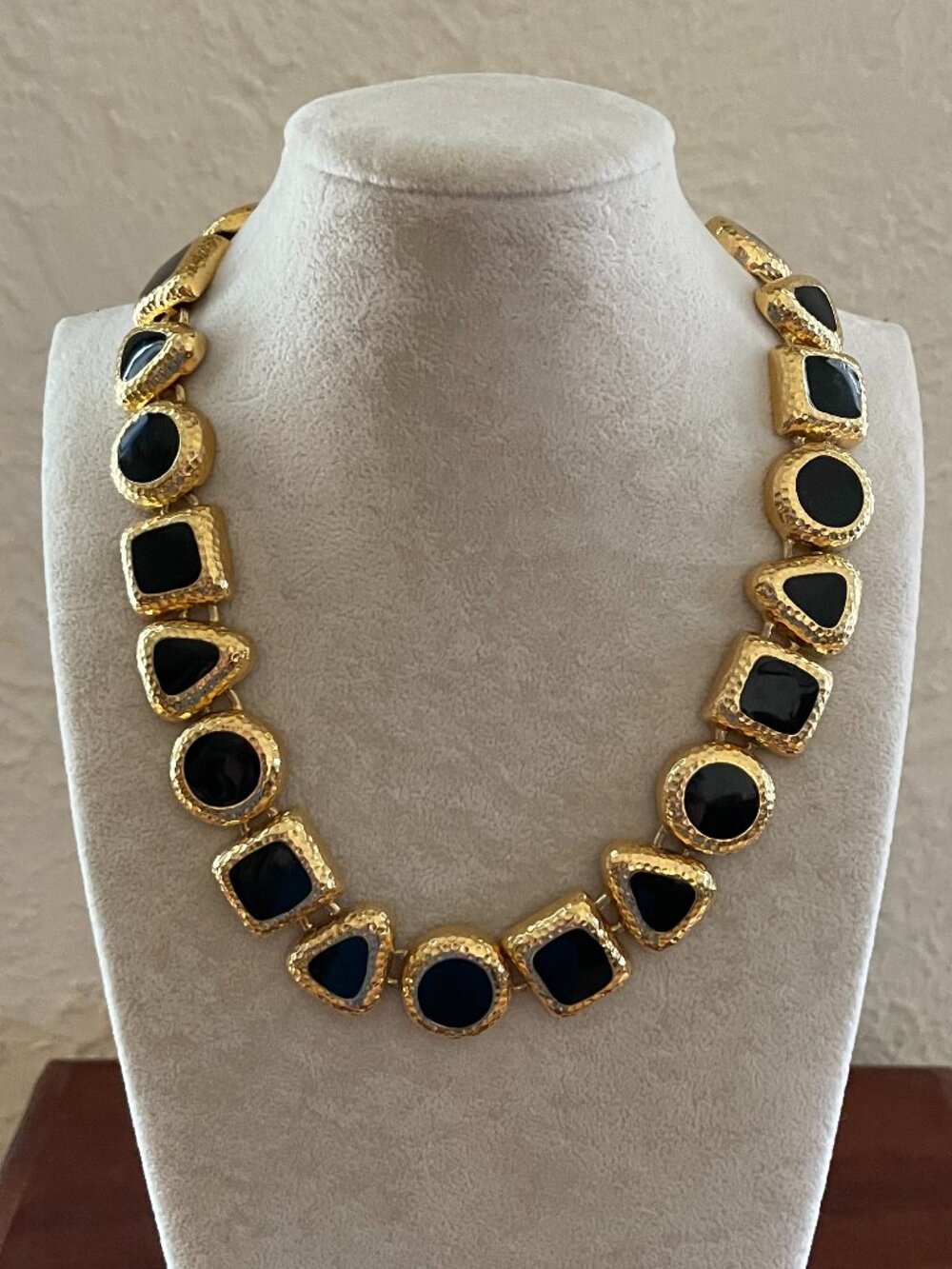 Gold Tone Black Geometric Statement Necklace Toggle Clasp 17" Vintage Style